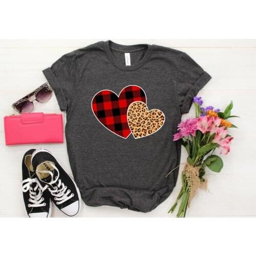Valentines Day Leopard Womens Plaid Heart love shirt Cotton Plus Size Female Clothing O Neck oversized shirt Sleeve Girl Top Tee