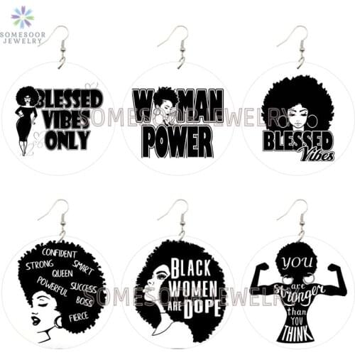 SOMESOOR Blessed Vibes Only Dope Wooden Drop Earrings Strong Woman Powerful Sayings Printed Loops Dangle Jewelry For Lady Gifts