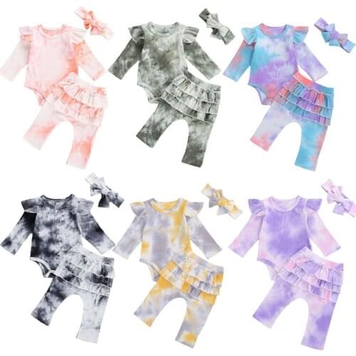 FOCUSNORM 0-24M Autumn Baby Girls Boys Tie-Dye Clothes Sets 3pcs Ruffles Long Sleeve Romper Tops Pants Headband