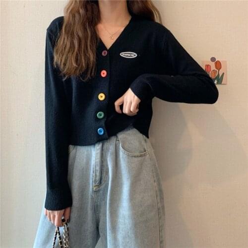 Korean Women 6 Colors Cardigan Sweater Autumn Sweet Girls Color Buttoned V-Neck Long Sleeve Knitting Coat Female Short Crop Top