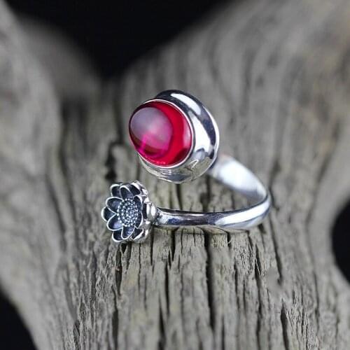 Luxury Female Oval Ruby Open Ring 100% Real Sterling Silver Wedding Ring Cute Flower Thin Engagement Rings For Women