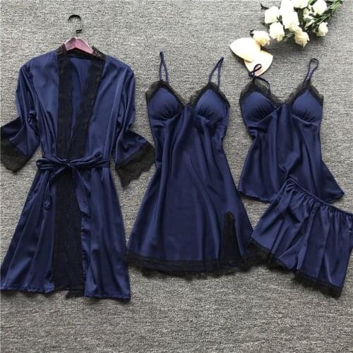 4 Pieces 2021 Women Pajamas Sets Satin Sleepwear Silk Nightwear Pyjama Soild Strap Lace Sleep Lounge Pijama With Chest Pads