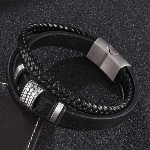 New Fashion Black Leather Multi-Layer Charm Bracelet Men Jewelry Magnetic Buckle Unisex Vintage Bracelets Gifts ST0445