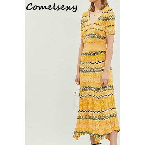 New Fashion Summer Womens Knit Tops +two-piece Bohemian Womens Stripes Knit Sweater And Knit Long Skirt Two-piece Sets