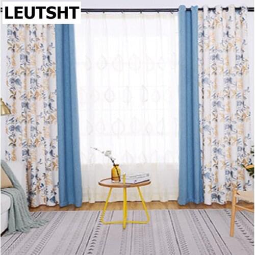 New American Curtains for Living Dining Room BedroomCountry Style Shading Cotton and Linen Printed Solid ColorStitching Curtains
