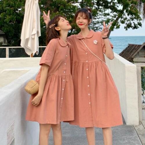 Dress Women Short Sleeve Harajuku Kawaii Baggy Peter Pan Collar Summer Dresses Sweet Preppy Style Vacation Girlfriends Popular