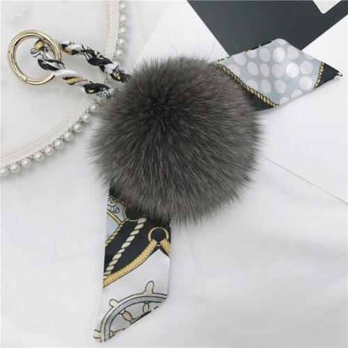 Luxury 9cm Big Natural Fox Fur Pom poms Key chain Keychains For Women Scarf Print Silk Bowknot Hairball Bag Charm Key Holder