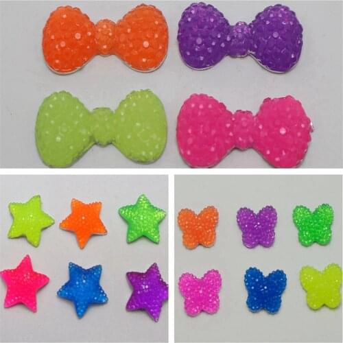 50 Mixed Neon Color Flatback Resin Cabochon Dotted Rhinestone Bow Star Butterfly