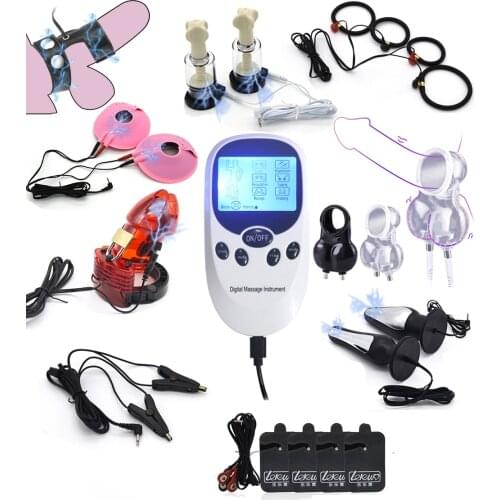USB Charging Electric Shock Cock Cage Scrotum Sleeve Male Chastity Device Electro Stimulation Anal Plug Nipple Clamp SM Sex Toy