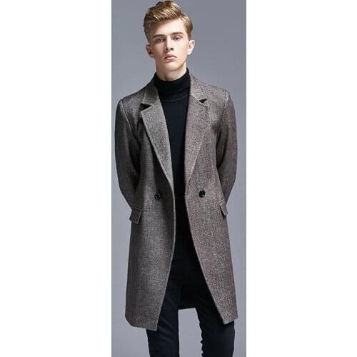 Spring Handsome Men Wool Duffle Coat Slim Fit Middle Long Coat Woolen JacketTrench Coat Casual Business Mens Coats and Jackets