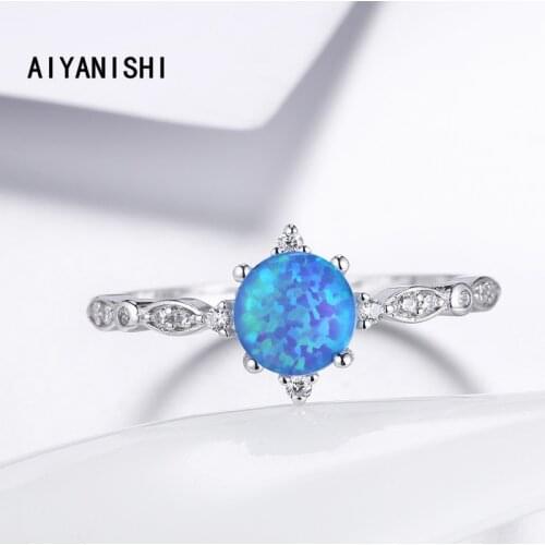 AIYANISHI Vintage 925 Sterling Finger Ring Classic Wedding Round Blue Opal Ring Silver Jewelry For Women Wedding Christmas Gifts
