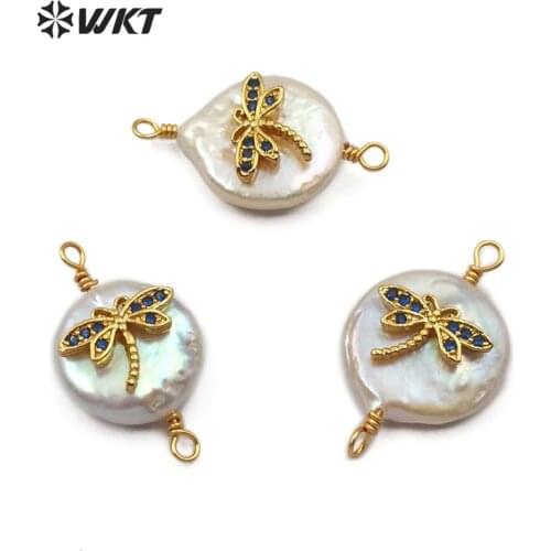WT-MC276 WKT Natural Pearl＆CZ Pave Dragonfly Shape Colorful Connector Double Hoops Women Fashion Necklace Pendant Jewelry