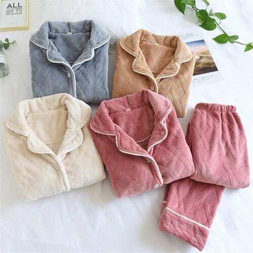 Womens Pajamas Set Autumn And Winter Mens Pajamas Thick Flannel Long-Sleeved Sleepwear 2pcs/Set Tops + Warm Pants Home Clothes