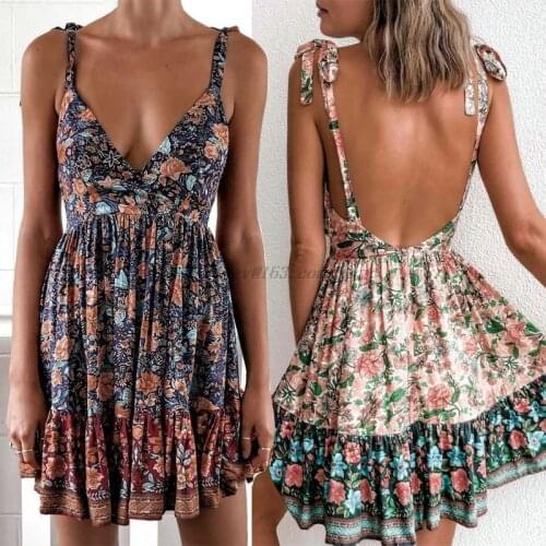 2020 Women Boho Mini Dress Summer Backless Skater Sweet Short Sexy Strap V Neck High Waist Party Beach Dresses Sundress