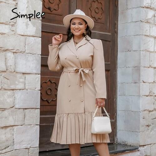 Simplee Office v-neck ruffled A-line women dress khaki Plus size pearl button long sleeve sash dress Female notched maxi vestido