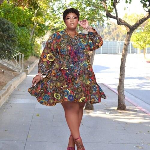 Plus Size Dresses Women Clothing Streetwear Geometric Print Shirt Mini Dress Fall Long Sleeve Dress Dropshipping Wholesale