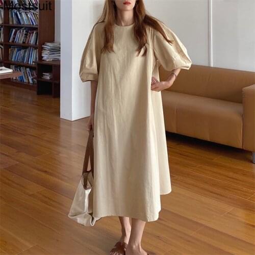 Korean Vintage Loose Waist Dress Women Summer Puff Sleeve O-neck Midi Dresses Solid Fashion Female Vestidos Femme 2021