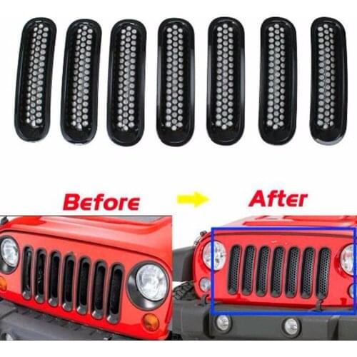 7Pc Front Insert Mesh Grille Trim Cover 2pc Front Light Headlight Angry Bird Style Trim Cover For Jeep Wrangler JK JKU 2007-2017
