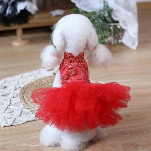 Free Shipping Handmade Dog Clothes Dog Dress Red Cheongsam Slim Fit Style Chinese Gown Tulle Skirt Cat Pet Outfit Poodle Yorkie