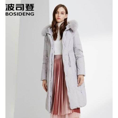 Bosideng womens duck down coat real fur collar mid length X-Long down jacket fashion simple winter warm coat B90141334