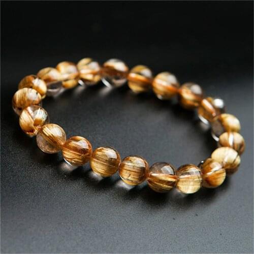 Brazil Natural Rutilated Quartz Bracelet Woman Men 9mm Crystal Stretch Round Bead Natural Titanium Rutilated Quartz Bracelet