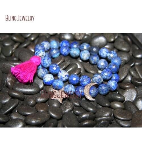 CZ Pave Moon and Star Crescent Bracelet Lapis Beads Hot Pink Tassel Strand Bracelet Set of 2 SE22763