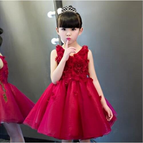Red 3D Flower Princess Girl Dress Baptism Rose Party Wedding Birthday Gown kids tutu dress for girls dresses clothes Summer