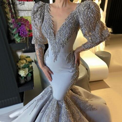 Dubai Mermaid Grey Satin Luxury Evening Dresses Long Sleeve Pearls Beading Formal Dress Serene Hill 2020 HM67048