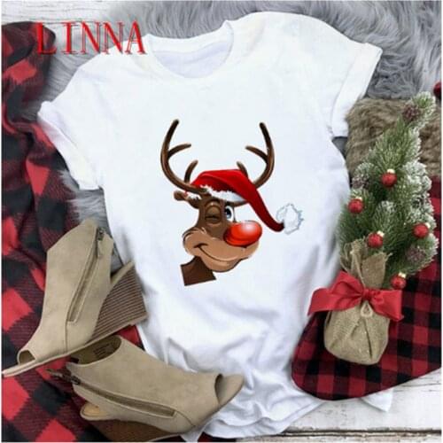 New ladies cute reindeer T-shirt Harajuku Christmas fashion female T-shirt short-sleeved T-shirt white T-shirt tops clothes