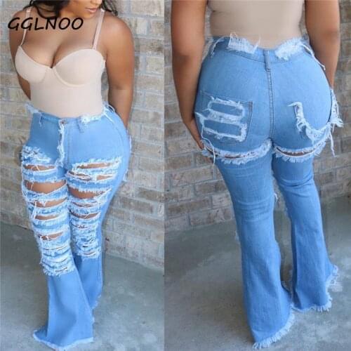 GGLNOO Sexy Ripped jeans Fringe Hollow out Ruffle Flare denim Pants High Waist Bodycon Hole Women Trousers Club Outfits 2021