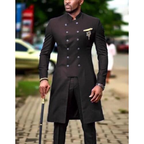 2021 Black Double Breasted Men Suit Mandarin Lapel Groom Tuxedos Men Wedding Dress Formal Blazer Prom Dinner suits Tailcoat