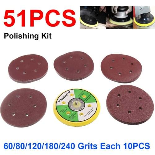52pcs 150mm Round Sandpaper Eight Hole Disk Sand Sheets Grit 60/80/120/180/240 Hook and Loop Sanding Disc Abrasives for Polish