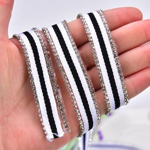 1yard/Lot Hotfix Trim Clear Crystal Rhinestone With White Black Lace Glass Banding 1.5cm Width Applique DIY Belt Iron On Garment