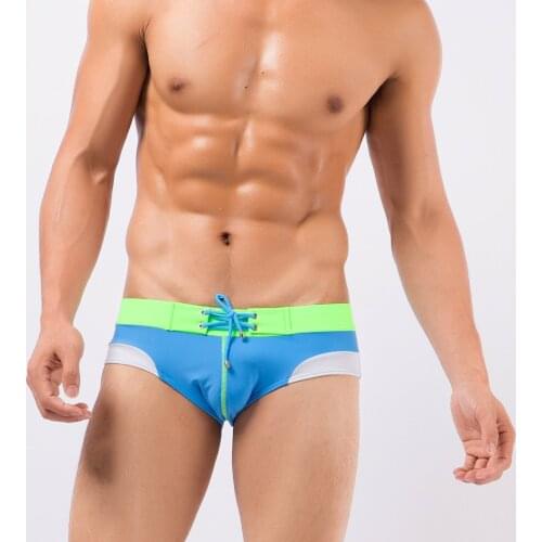 Mens Sexy Swimsuits Korean Style Plus Size Patchwork Beach Swimsuits Waterproof Fabric Swimming Briefs