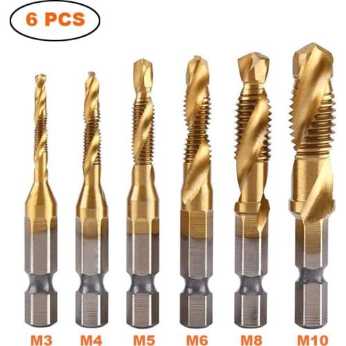 6pcs/set Drill Bit Hss Combination Drill Tap Bit Countersink Hex Shank Carpentry Tools Machine Taps Kit