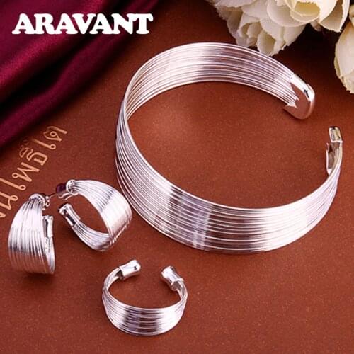 New Fashion 925 Silver Jewelry Sets Simple Multi Line Open Bangle Rings Earring Fit For Women Wedding Jewelry