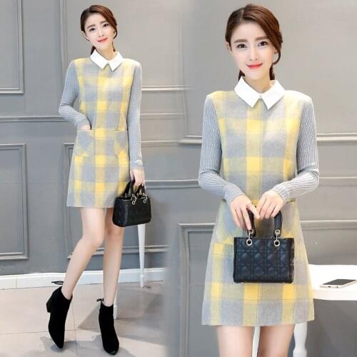 2019 Autumn and winter new womens doll collar knit woolen stitching fake two long-sleeved slim bottoming woolen dress