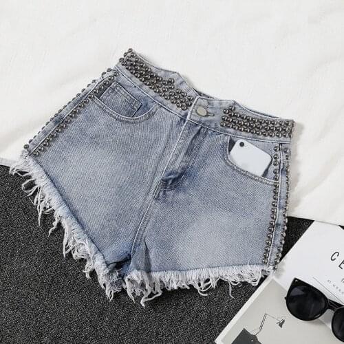 New Short Mujer Light Blue/ White Female High Waist Washed Denim Shorts Rivet Wide Leg Womens Loose Irregular Jeans Shorts D321