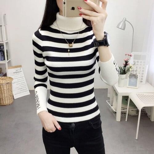 Striped Slim Turtleneck Sweater Womens Autumn and Winter Thicken Warm Knit Long Sleeve Plus Velvet Base Shirt