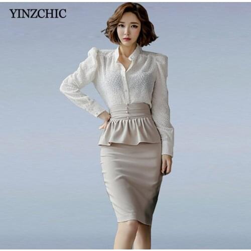 Office Lady Elegant 2pcs Suit White Blouse Beige Pencil Skrit Set for Woman Spring New Female Party Set Suits