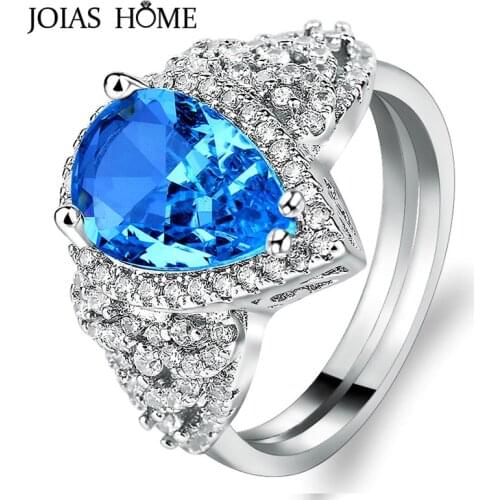 JoiasHome Luxury 925 Silver Ring Micro Pavé Diamond Blue Diamond Pear Shaped Diamond Ring Wedding Gift