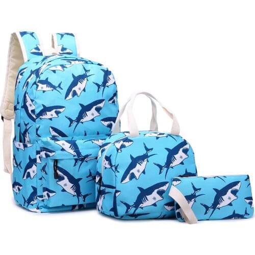 RT1505-D5 New Shark Three-Piece Schoolbag for Elementary School Students Childrens Lunch Bag Pencil Case Backpack