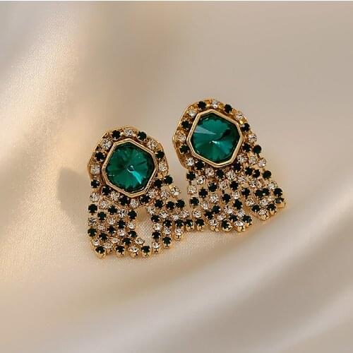 Retro Green Crystal Rhinestone Tassel Stud Earrings for Women Korean Trendy Elegant Jewelry Female Delicate Luxurious Ear Studs