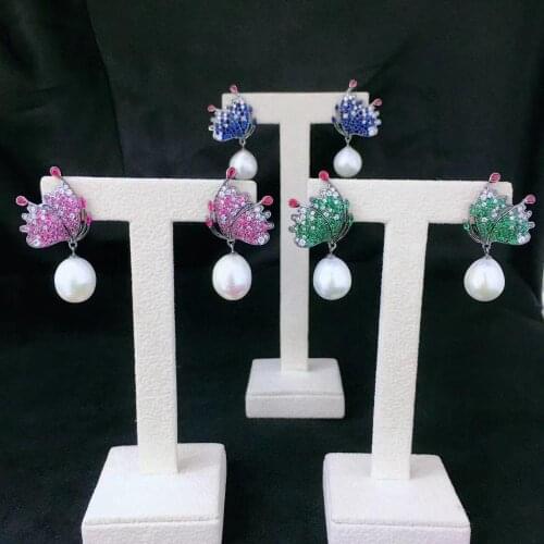 Natural fresh water pearl drop earring baroque insect 925 sterling silver with cubic zircon butterfly blue green red color