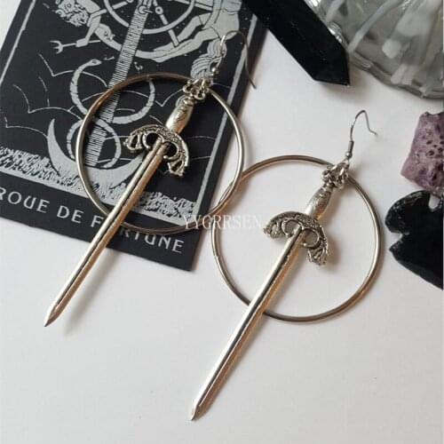 Goth Swords Hoop Earrings Crystal Alternative Minimal Romantic Statement Punk Jewelry Witchy Gift Stones Women Gift New Trend