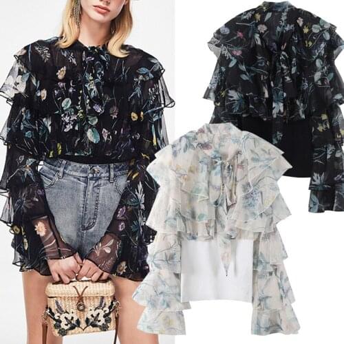 Spring and summer 2019 new Floral Chiffon shirt with ruffle lace and bow tie Long Sleeve Shirt