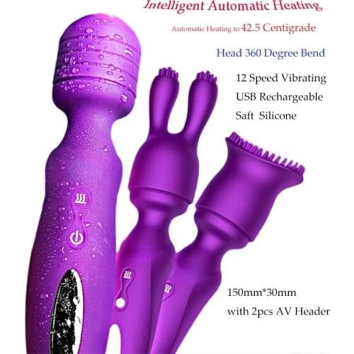 Silicone Heating Magic Wand Massager Rechargeable Vibrator 12 Vibrations Waterproof Rabbit Vibrator Masturbator for Woman