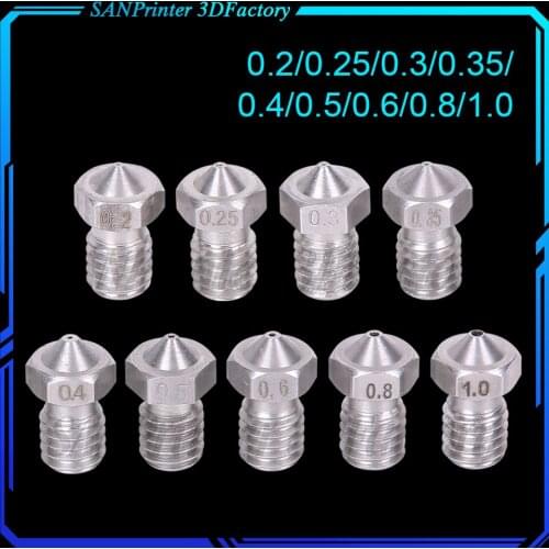 2pcs V5 V6 Stainless steel Nozzle 0.2/0.3/0.4/0.5/0.6/0.8mm M6 thread Nozzle for 3D Printer E3d 1.75/3.00MM Extruder Print Head