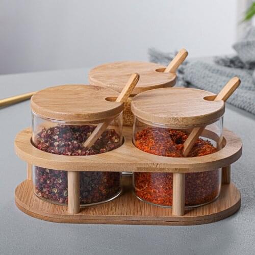 Glass Seasoning Jar Seasoning Salt Shaker 3 Piece Set with Bamboo Spoon Bamboo Cover Kitchen Supplies Wooden Tray Seasoning Jar