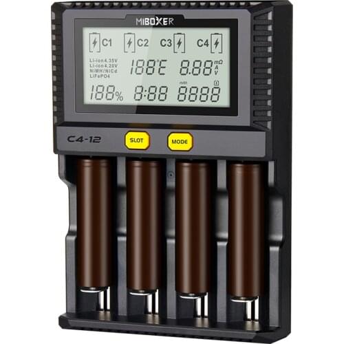 Miboxer C4-12 Smart Battery 18650 21700 26650 Charger 4-Slot LCD Screen 3.0A/slot total 12A for Li-ion/IMR/INR/ICR/Ni EU plug